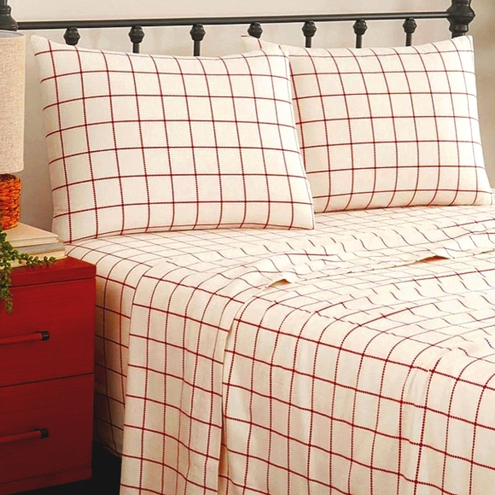 Queen Duvet Cover Pillow Sham Red Cream White Plaid Bedding Standard Textile - Picture 6 of 8
